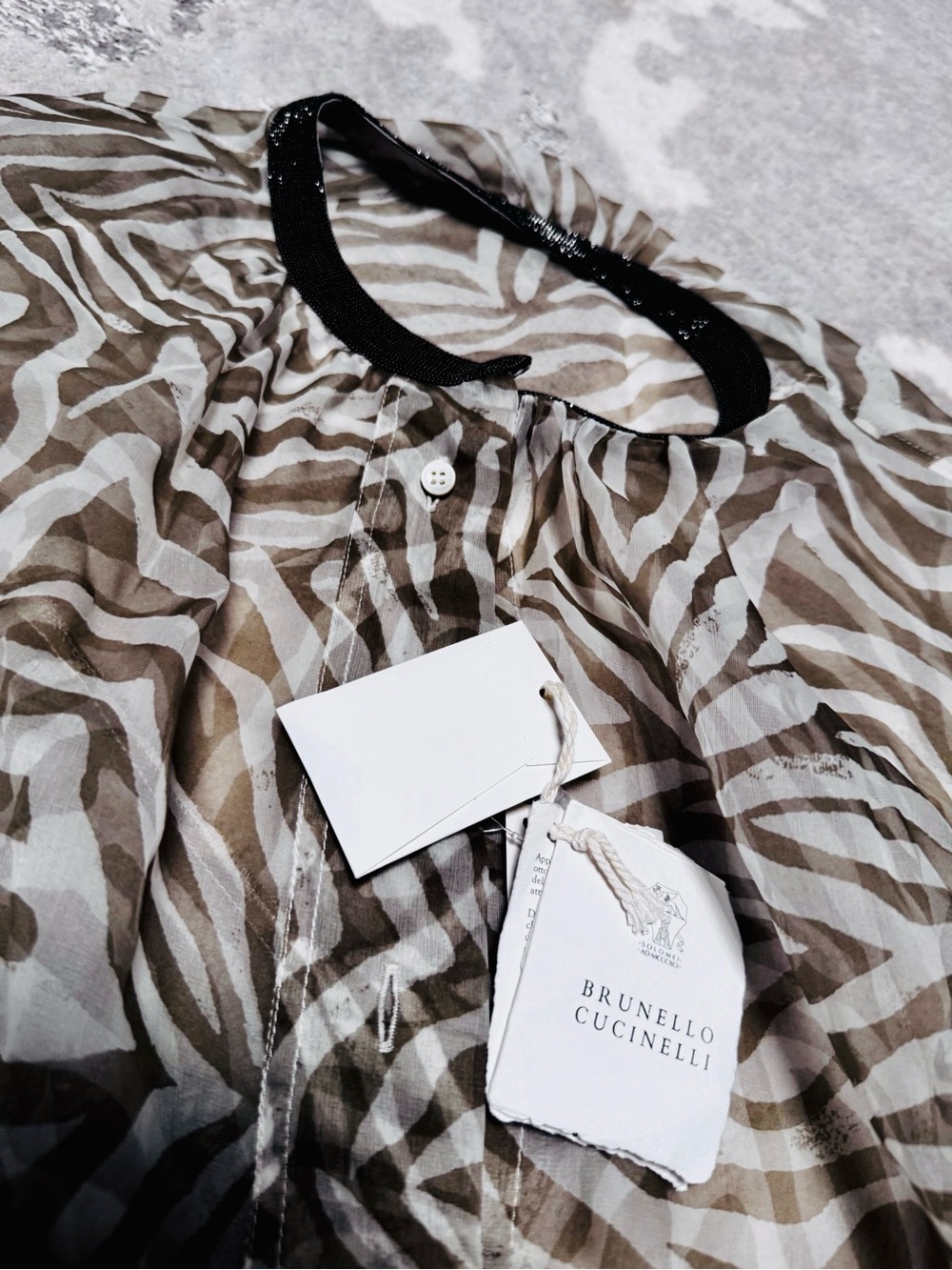 NWT!!! Brunello Cucinelli Sheer Zebra-Print Bead-embellished silk-organza blouse